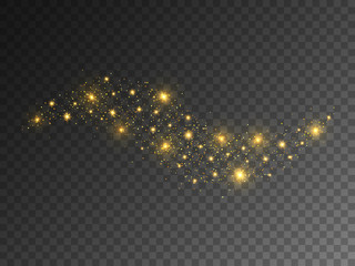 Poster - Glitter wave on transparent background. Gold light with bright stars. Sparkling effect and confetti. Christmas template with stardust. Luxury golden element. Vector illustration