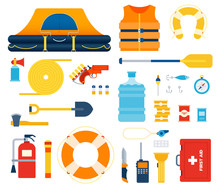 Set Of Boat Safety Kit, Life Raft, Float Flat Vector Illustration.