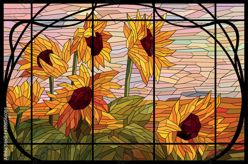 Fotomural Stained glass window sunflowers in a frame
