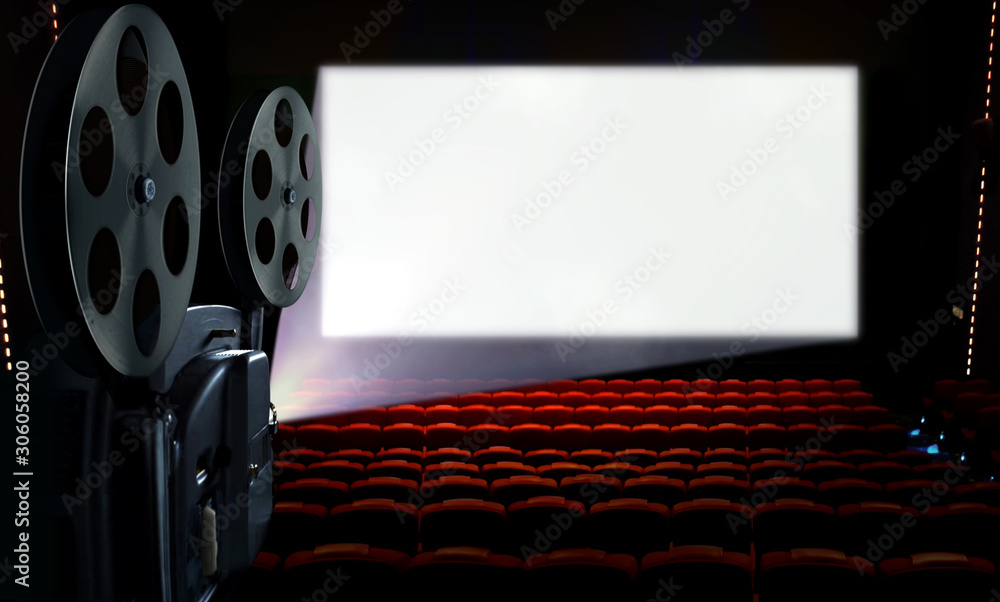 Projector in cinema hall with blank white screen - obrazy, fototapety, plakaty 