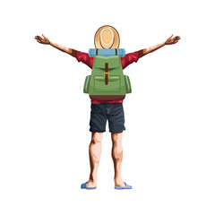 Sticker - man back with camping backpack and arms up icon