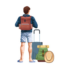 Canvas Print - man back with travel suitcase and backpack icon