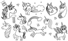 Doodle Style Illustration Hand Drawn Of Unicorn Set Isolated On White Background