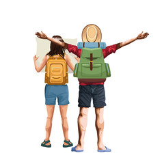 Wall Mural - man back with camping backpack and woman back with map and backpack icon