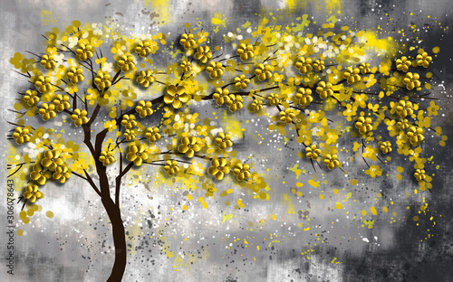 3d illustration, dark spotted background, thin curved tree with yellow flowers