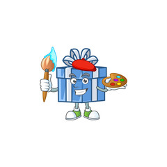 Sticker - Cheerful blue gift box painter cartoon character with brush