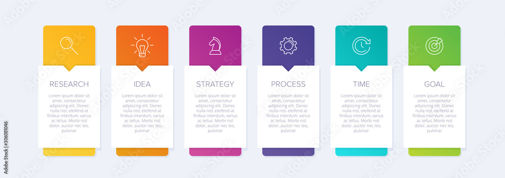 Concept of arrow business model with 6 successive steps. Six colorful graphic elements. Timeline design for brochure, presentation. Infographic design layout - obrazy, fototapety, plakaty 