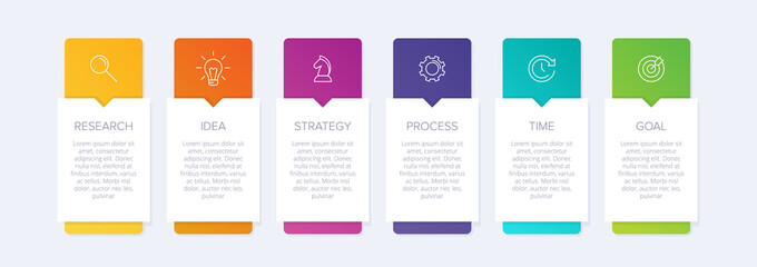 concept of arrow business model with 6 successive steps. six colorful graphic elements. timeline des