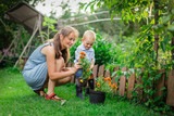 Caucasian mom and son transplant flowers in garden