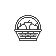 Fruit Basket Line Icon. Linear Style Sign For Mobile Concept And Web Design. Wicker Basket With Apples Outline Vector Icon. Symbol, Logo Illustration. Vector Graphics