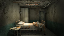 Horror And Creepy Ward Room In The Hospital With Blood .3D Rendering