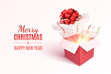 Gift box with red ribbon and bow. Merry Christmas and Happy New Year banner. Vector 3d illustration. Christmas decoration