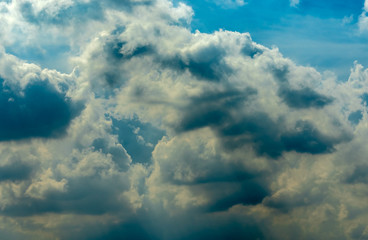 Beautiful blue sky and white cumulus clouds abstract background. Cloudscape background. Blue sky and fluffy white clouds on sunny day. Nature weather. Bright day sky for happy day background.