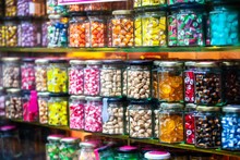 Colorful Sweet Candy On Display In Jars In Storefront