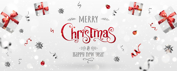 Wall Mural - Red Christmas and New Year Text on Xmas background with flying gift boxes, red ribbon, decoration, sparkles, confetti, bokeh. Merry Christmas card. Vector Illustration, realistic vector