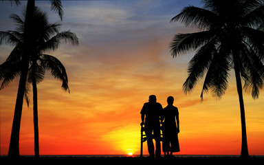 Canvas Print -  silhouette of the old man walk in the park    on sunrise