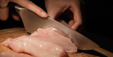 Chef Cutting Raw Chicken Filet Close Up.
