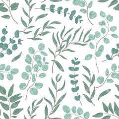 Eucalyptus leaves colorful seamless pattern. Foliage, green floral texture. Hand drawn plant branches and twigs background. Botanical wallpaper, fabric, textile, wrapping paper vector design.