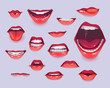 Woman mouth set. Red sexy lips expressing different emotions as happy smiling, shouting, show tongue, kiss, angry gritting teeth. Design elements, icons, stickers. Cartoon vector illustration clip art