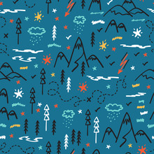 Camping Nature Vector Background For Kids. Cartoon Mountain And Forest Area Map Seamless Pattern. Hand Drawn Doodle Mountains, Hills, Trees, Hiking Trails And Night Starry Sky