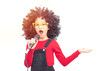 © joey333 - The little girl afro hair style is wearing a red long sleeved shirt, taking the microphone to sing with full feel emotions. Isolated from white background