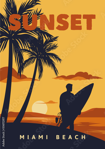 Plakaty Surfing  zachod-slonca-miami-beach-plakat-ilustracja-surfing-vintage-w-stylu-retro