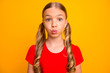 © deagreez - Closeup photo of charming pretty little lady inspired good mood sending air kisses classmate boy guy shy person wear casual red t-shirt isolated bright yellow color background