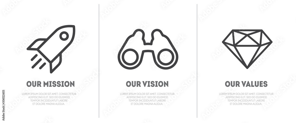 Simple flat icon for visualisation of Mission, Vision and Values of company - obrazy, fototapety, plakaty 