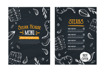 Steak Menu, Restaurant Template On Chalkboard. Blackboard Poster With Sketch Icons With Ribs, Meat
