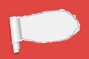 Wall Mural - Vector oblong snatched hole in red sheet of paper with paper curl and white background in resulting window. Paper mock up.