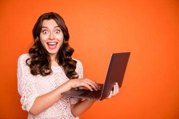 Poster - Portrait of crazy funky girl use laptop read social media news online shopping black friday bargain information impressed scream wow omg wear stylish clothing isolated vivid color background