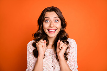 Wall Mural - Close up photo of excited girl look good see dream surprise scream unbelievable unexpected wear knitted outfit isolated over vivid color background
