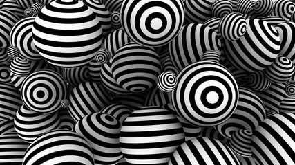 Wall Mural - 3d rendering in the style of optical illusions. Black and white striped spheres background with animated textures. Optical illusion pattern on 3d spheres.