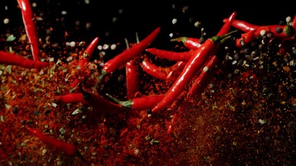 Poster - Super slow motion of flying dry and fresh red hot chilli peppers. Filmed on high speed cinema camera, 1000 fps