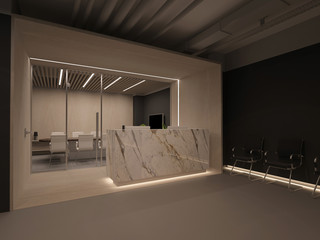 3d Illustration White stone reception desk with waiting area in office.