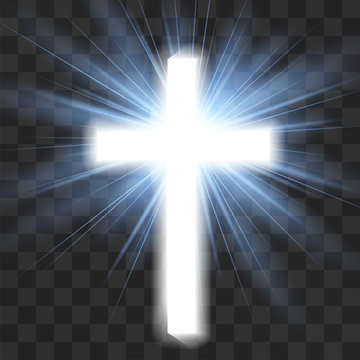 Glowing christian cross isolated on transparent background. Saint pure blue halo, god's light  scintillation. Spiritual awakening, revelation. Purifying rays of sun, faith energy that nourishes souls.