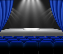 Performance Auditorium For Lecturers, Speakers, Charismatic Leaders, Meetings, Books And Gadgets Presentation, Singers. Glowing Illuminating Projector Rays Of Light, Blue Chairs. Vector Background.