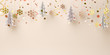 Winter abstract banner design creative concept, gold and white hanging snow icon confetti glitter and pine, spruce, fir tree art paper cut background. Copy space text area. 3D rendering illustration.