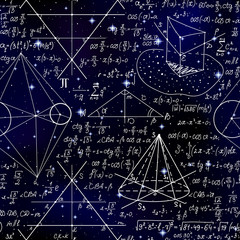 scientific vector seamless background with handwritten math and physics formulas, figures and calcul