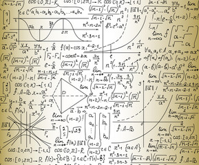 Wall Mural - scientific vector seamless pattern with mathematical and physical plots, calculations and formulas, 