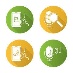 Sticker - Sound request flat design long shadow glyph icons set. Voice control system idea. Speech recognition technology. Voice controlled apps. Microphones, speakers. Vector silhouette illustration