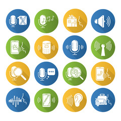 Poster - Voice control flat design long shadow glyph icons set. Sound request idea. Speech recognition process. Microphone using modes. Remote controlled apps. Vector silhouette illustration