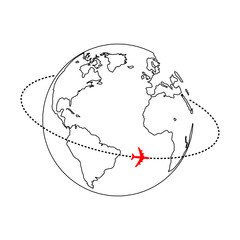 Wall Mural - plane travel around the world in orbit with doted line. black outline vector illustration on white b