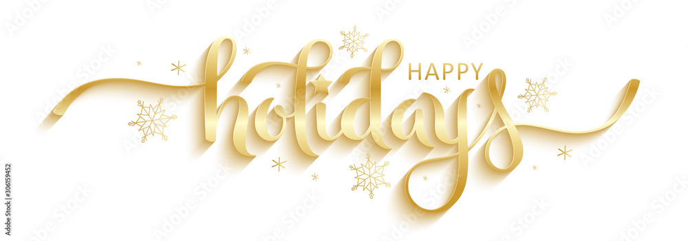 HAPPY HOLIDAYS gold vector brush calligraphy banner with snowflakes - obrazy, fototapety, plakaty 