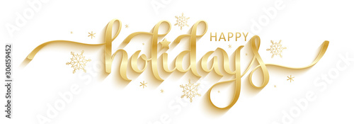 Fotomural HAPPY HOLIDAYS gold vector brush calligraphy banner with snowflakes