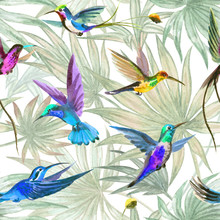 Hummingbird Birds Seamless Pattern On Palm Leaves Background, Watercolor Illustration. Tropical Print For Fabric, Wallpaper, Background For Various Designs.