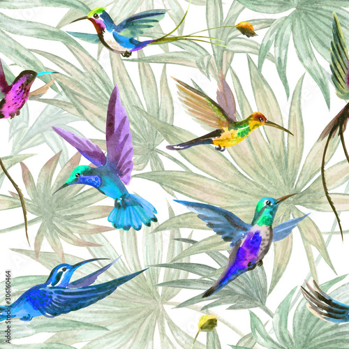 Tapeta ścienna na wymiar Hummingbird birds seamless pattern on palm leaves background, watercolor illustration. Tropical print for fabric, wallpaper, background for various designs.