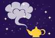 Magic lamp Aladdin with gin. Gin from the magic lamp. Vector illustration of a magical