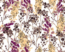 Watercolor Seamless Pattern With Gold Plants, Flowers.