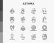Asthma thin line icons set: allergen, dyspnea, cough, wheezing, chest pain, diaphragm, asthma attack, hives, sputum, peak flow meter, inhaler, nebulizer. Modern vector illustration.